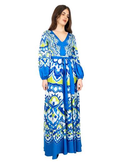 Abito da cerimonia lungo scollo v manica lunga a fantasia