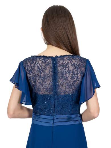 Abito da Cerimonia Lungo Blu in Chiffon con Pizzo e Strass