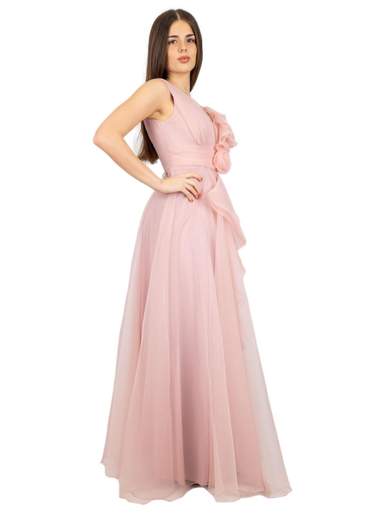 Long Organza Evening Dress with Ruffles and Slit