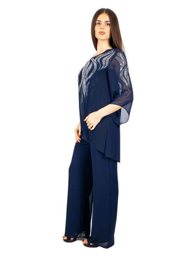 Completo elegante blu donna per cerimonia con casacca e pantalone