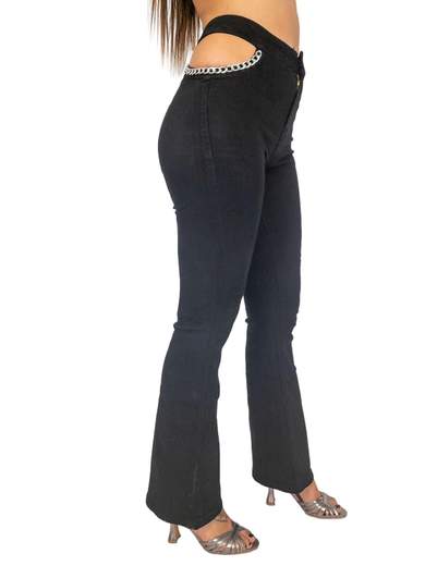 Jeans a zampa donna elasticizzati a vita alta aperti sui fianchi