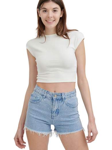 Shorts in denim con strass e frange da ragazza