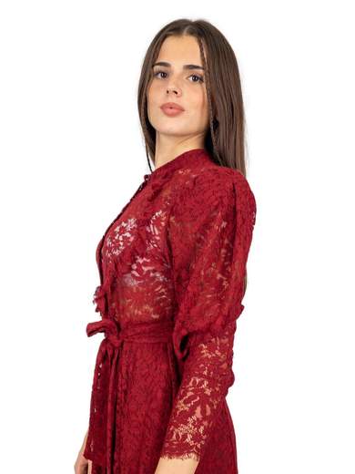 Vestito chemisier in pizzo macramè midi a manica lunga