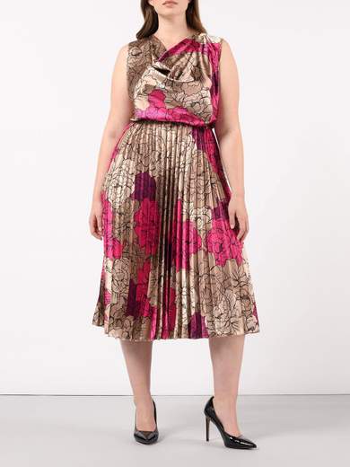 Vestito elegante taglie forti a fiori in raso con gonna plissé