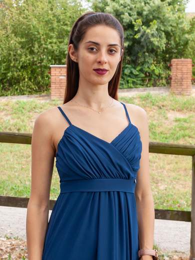 Abito Lungo Cerimonia Stile Impero con Scollo a Cuore e Spalline Sottili