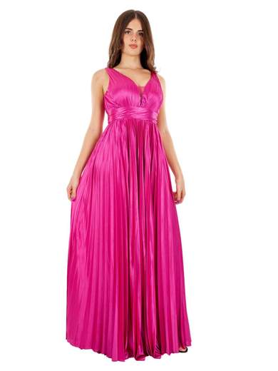 Abito lungo da cerimonia plissettato stile impero con scollo a V in raso fucsia