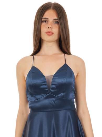 STRABELLO CERIMONIA Abito lungo elegante in raso con scollo a V e spalline incrociate A29499-3953-CINZIA