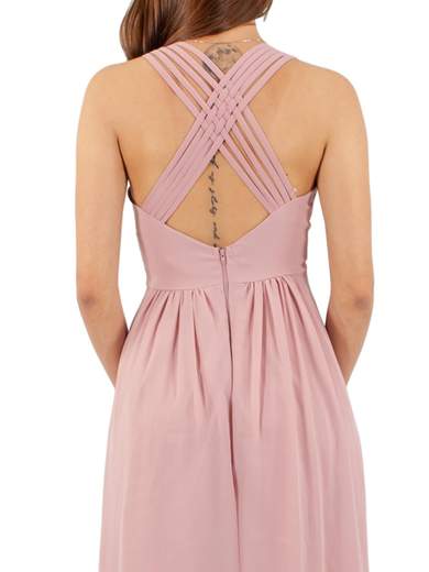 Long evening dress with V-neckline and rhinestone details