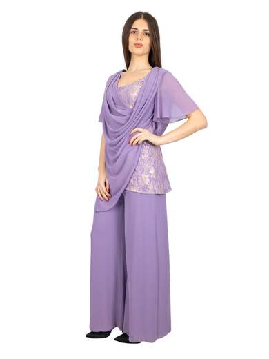 Abito cerimonia con pantalone a palazzo e blusa in pizzo