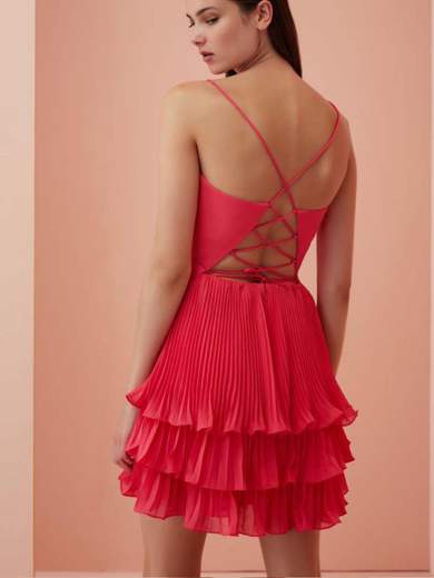 Abito da cerimonia corto donna elegante con balze plissé