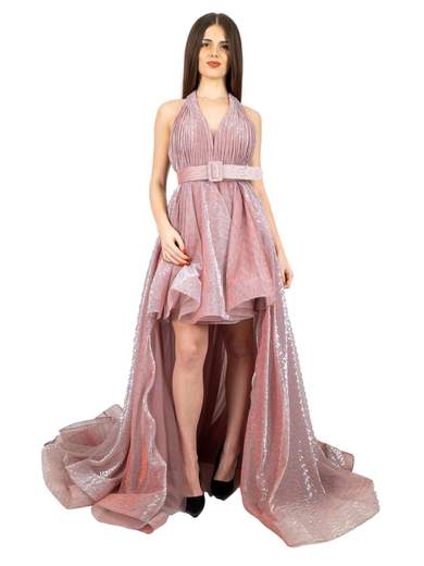 Abito da cerimonia corto glitterato con coda staccabile