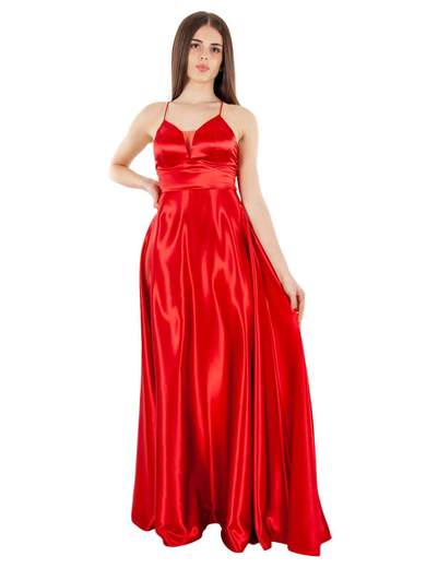 STRABELLO CERIMONIA Abito lungo elegante in raso con scollo a V e spalline incrociate A29499-3953-CINZIA
