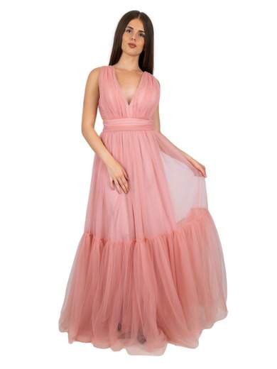 Abito lungo elegante da cerimonia in tulle con scollatura profonda