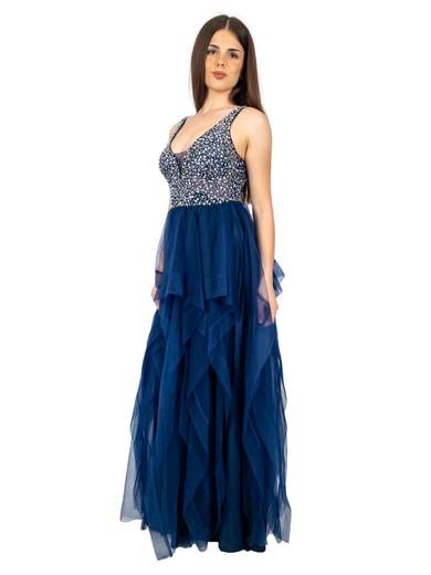 Abito da cerimonia lungo in tulle asimmetrico corpetto con strass
