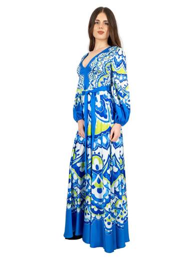 Abito da cerimonia lungo scollo v manica lunga a fantasia