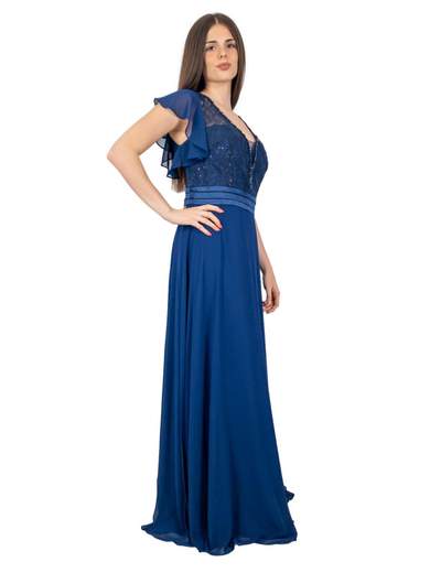Abito da Cerimonia Lungo Blu in Chiffon con Pizzo e Strass