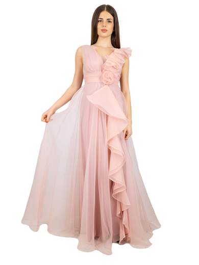 Long Organza Evening Dress with Ruffles and Slit