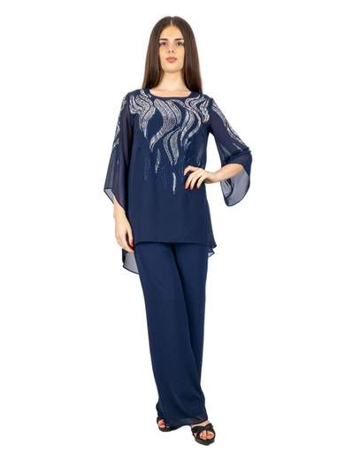 Completo elegante blu donna per cerimonia con casacca e pantalone