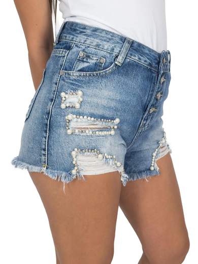 Pantaloncini jeans donna con perline a vita alta strappati