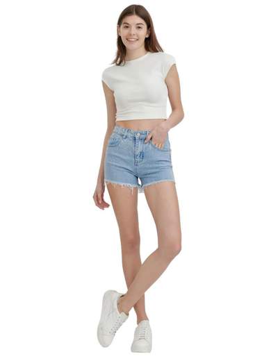 Shorts in denim con strass e frange da ragazza