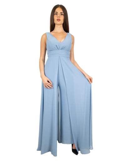 Tuta elegante da cerimonia donna con scollo a V e gonna lunga effetto chiffon