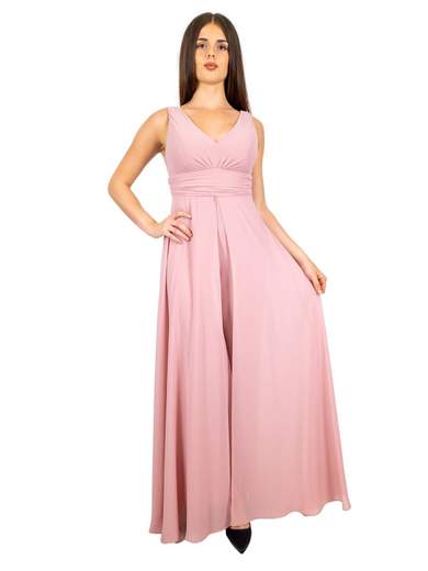 Tuta elegante da cerimonia donna con scollo a V e gonna lunga effetto chiffon