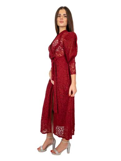 Vestito chemisier in pizzo macramè midi a manica lunga