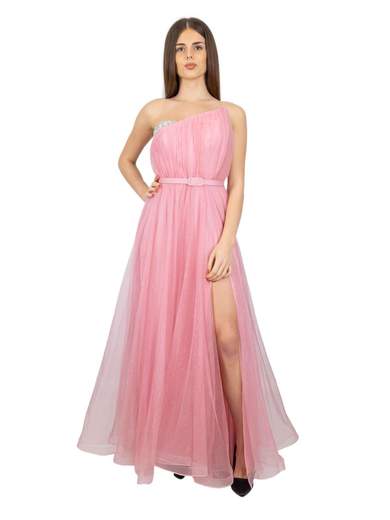 Bianca Brandi Vestito Da Cerimonia Lungo In Tulle Glitterato Con Spacco