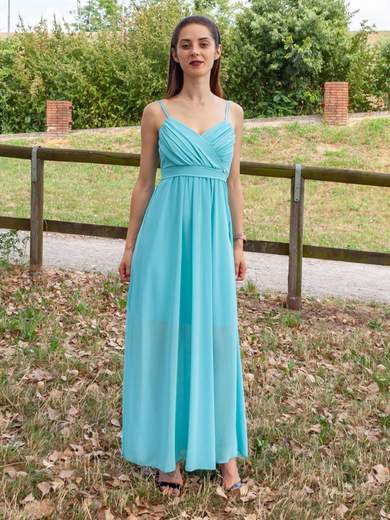 Abito Lungo Cerimonia Stile Impero con Scollo a Cuore e Spalline Sottili