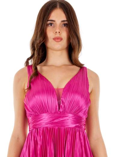 Abito lungo da cerimonia plissettato stile impero con scollo a V in raso fucsia
