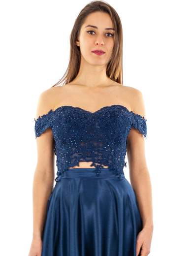 Vestito da cerimonia con gonna lunga in raso e top in pizzo