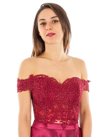 Vestito da cerimonia con gonna lunga in raso e top in pizzo