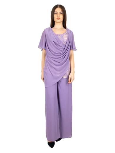 Abito cerimonia con pantalone a palazzo e blusa in pizzo