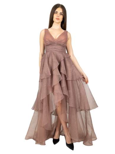 Abito cerimonia corto davanti e lungo dietro in organza glitterata