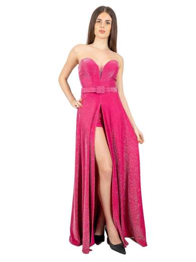 Abito cerimonia lungo a pantaloncino glitterato con spacco