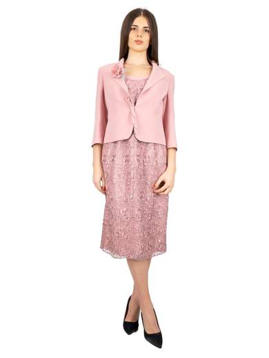 Abito da cerimonia corto calibrato in pizzo per signora con giacca