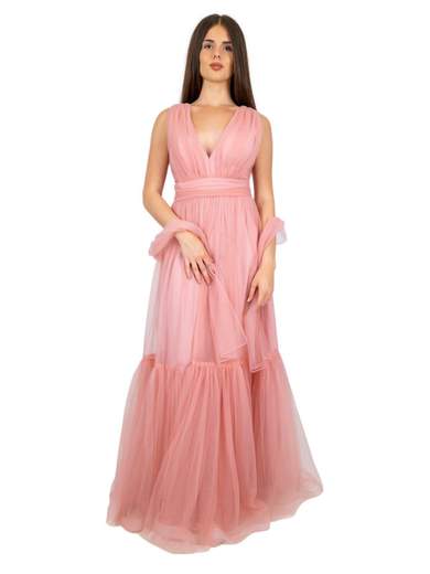 Abito lungo elegante da cerimonia in tulle con scollatura profonda