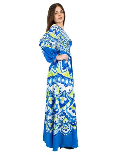 Abito da cerimonia lungo scollo v manica lunga a fantasia