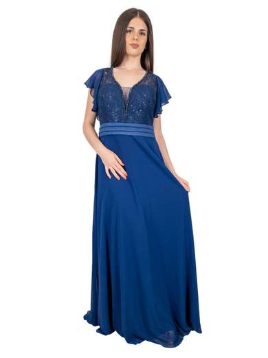 Abito da Cerimonia Lungo Blu in Chiffon con Pizzo e Strass