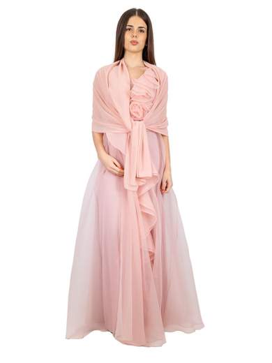 Long Organza Evening Dress with Ruffles and Slit