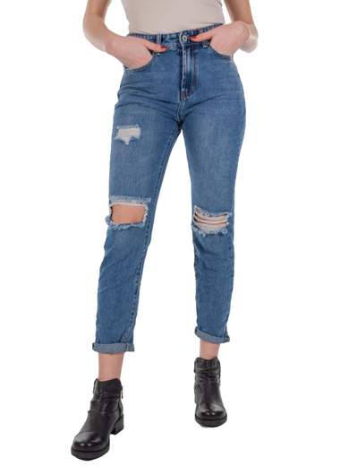 Jeans Strappati Donna Vita Alta a Sigaretta Slim Fit