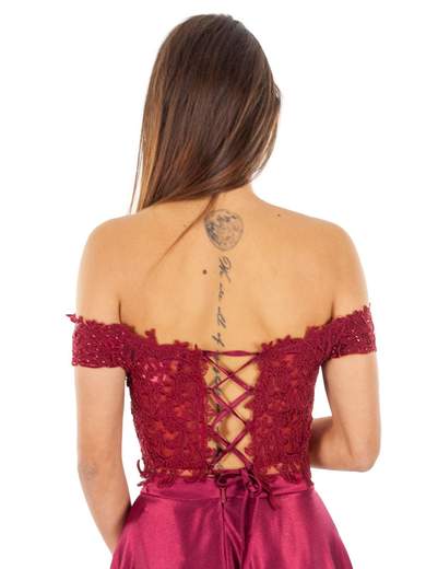 Vestito da cerimonia con gonna lunga in raso e top in pizzo