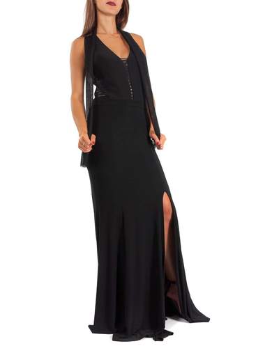 Vestito lungo elegante da sera con spacco e scollo all'americana