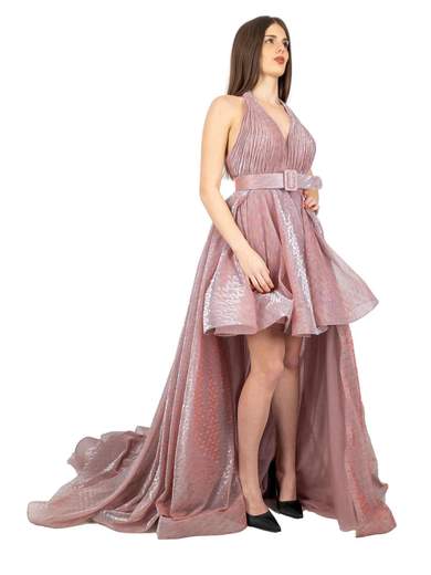 Abito da cerimonia corto glitterato con coda staccabile