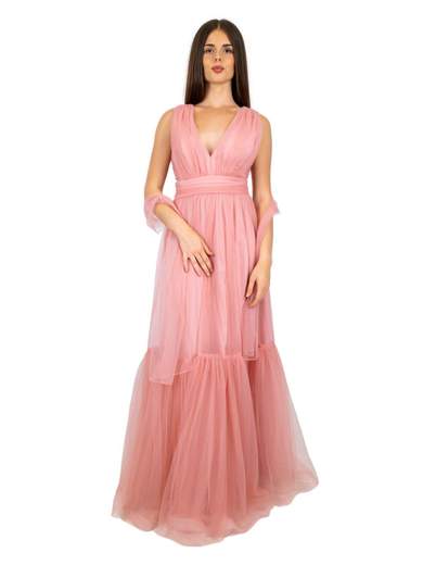 Abito lungo elegante da cerimonia in tulle con scollatura profonda