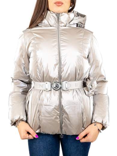 Piumino corto con cappuccio staccabile cintura e marsupio