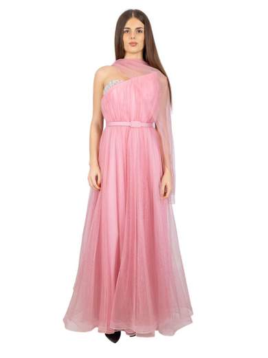 Bianca Brandi Vestito Da Cerimonia Lungo In Tulle Glitterato Con Spacco