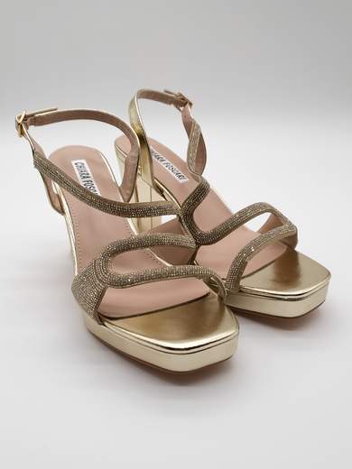 Gold Jewel Ceremony Sandals with Chunky Heel and Rhinestones