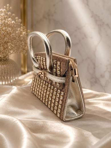 JESSICA Borsa da Sera Oro con Strass, Pietrine e Tracolla Rimovibile p-6013-oro