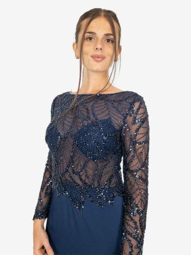 Abito da cerimonia lungo a sirena con maniche lunghe e strass – Modello 29242